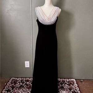 Black maxi dress with silver beaded neckline swooped back